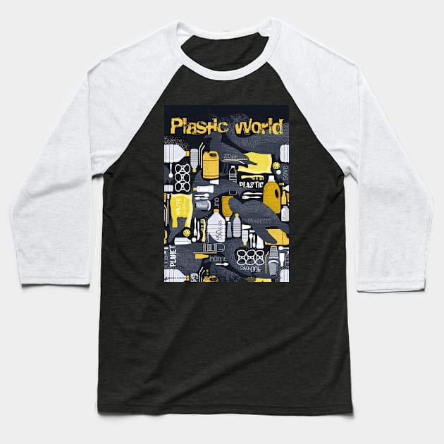 Our plastic planet // print // black background grey endangered animal species with yellow white and transparent plastic waste Baseball T-Shirt by SelmaCardoso